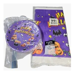 Vintage 90's NOS Halloween Table Cover and Plates Set Purple Pumpkin Retro